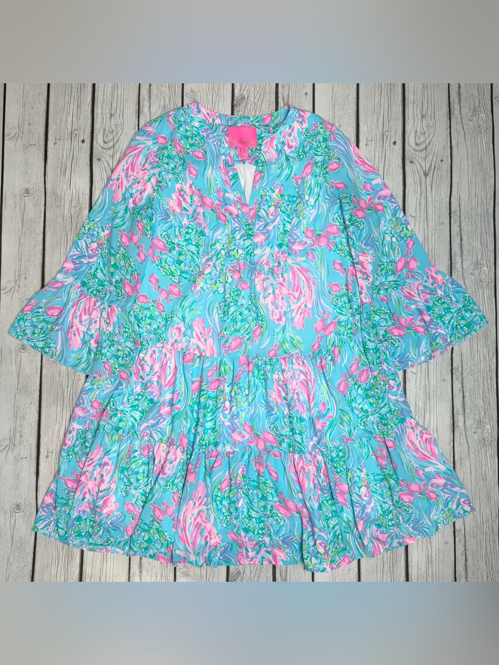 Lilly Pulitzer Women's 2 Gabriel Tiered Dress Flowy Almafi Blue Best Fishes